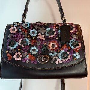 Coach Black Leather Satchel with Multicolor Floral Appliqués